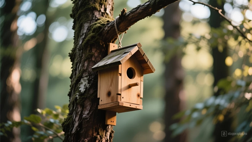 Houten vogelhuis dat in een bos aan een tak hangt.