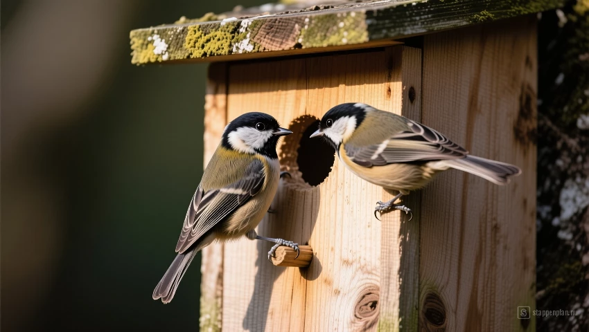 Paar koolmezen op een vogelhuis.