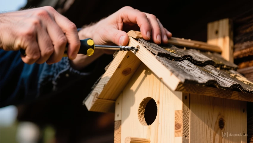 Persoon die het dak vastschroeft.