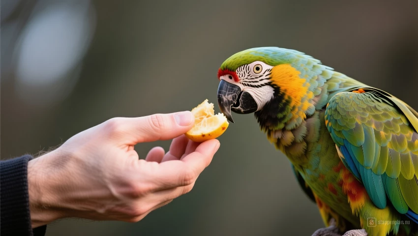 Hand die fruit aanbiedt aan papegaai.