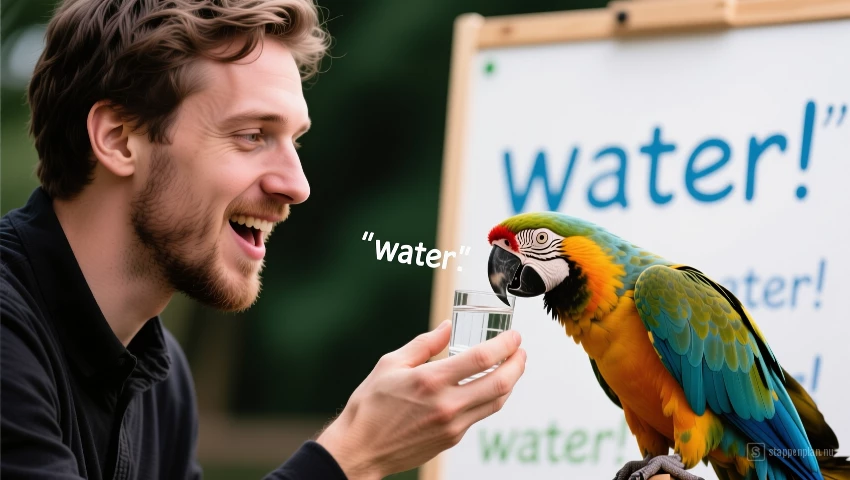 Persoon herhaalt 'water' bij drinken.