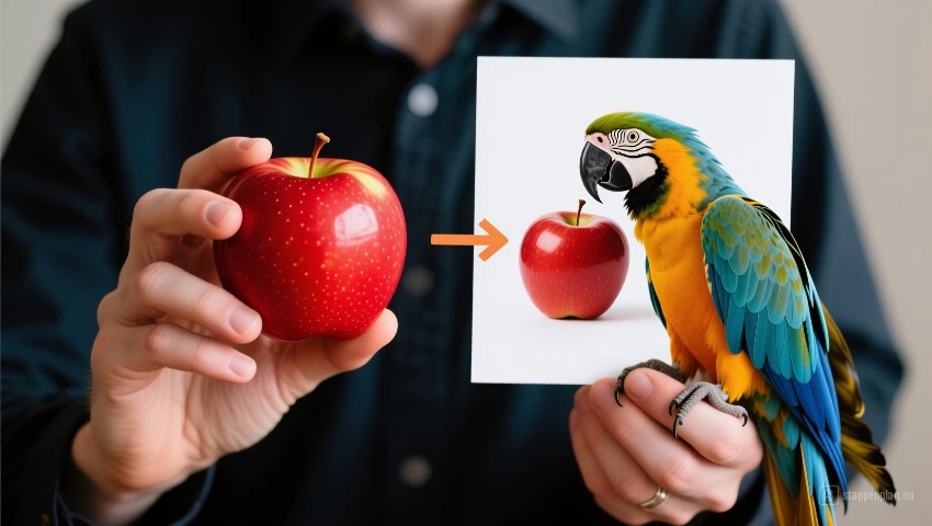 Persoon toont appel en foto aan papegaai.
