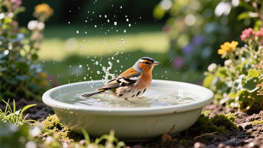 Vogel die zich wast in een waterbak.