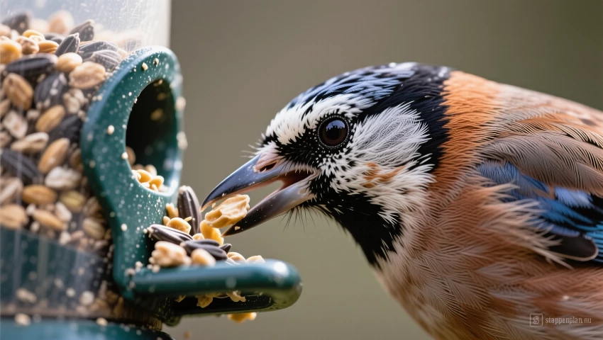 Vogel die zaden eet uit een vogelvoeder.