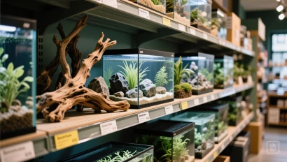 Aquariumdecoraties in een winkel