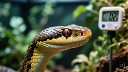 Slang in terrarium met temperatuur- en vochtigheidsmeter
