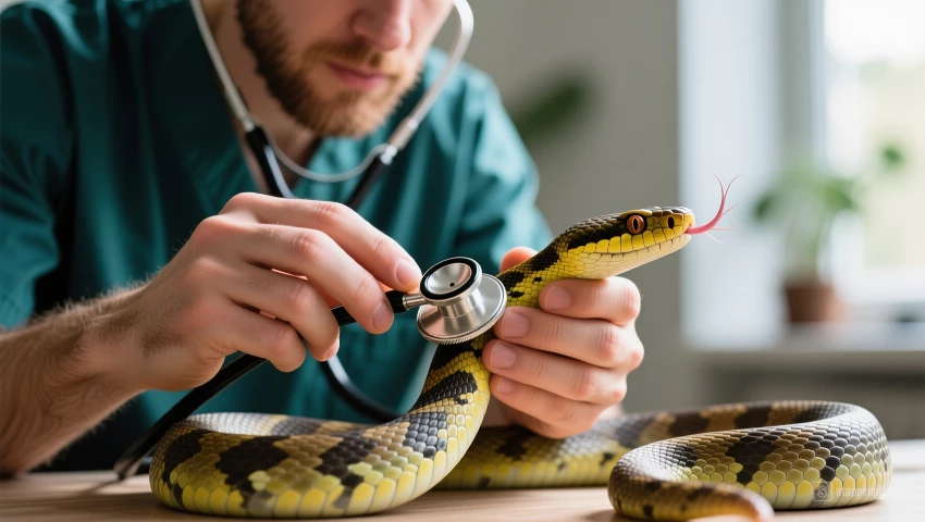 Reptielendierenarts die een slang met vervellingsproblemen onderzoekt.