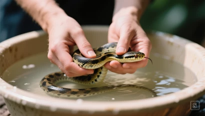 Persoon die een slang zachtjes in een ondiepe bak met lauw water houdt.