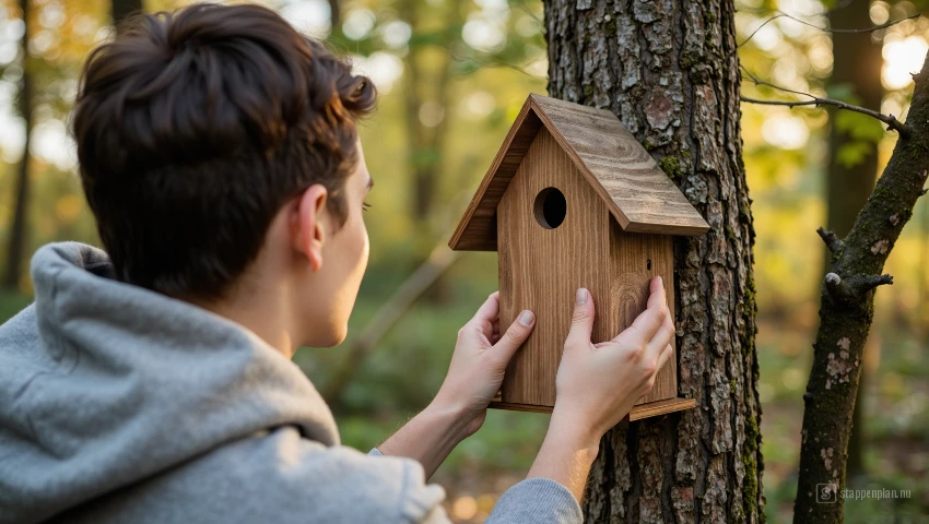 Persoon die een houten vogelhuis aan een tak hangt.