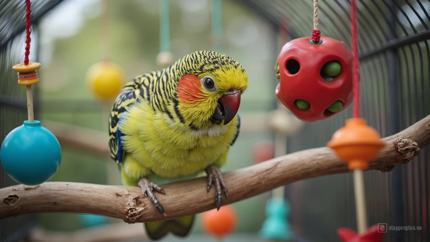 Vogel speelt in een kooi