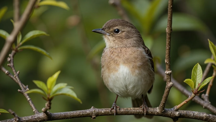 Vogel die verscholen zit in een struik.