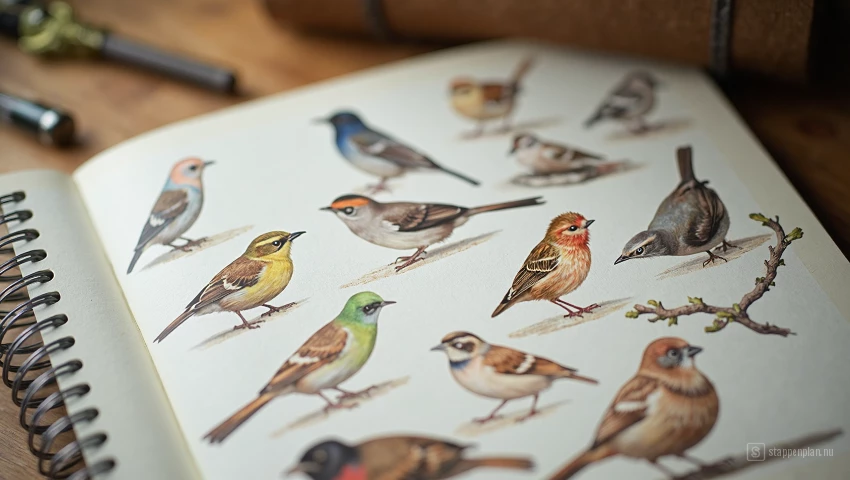 Notitieboek met tekeningen van verschillende vogelsoorten.