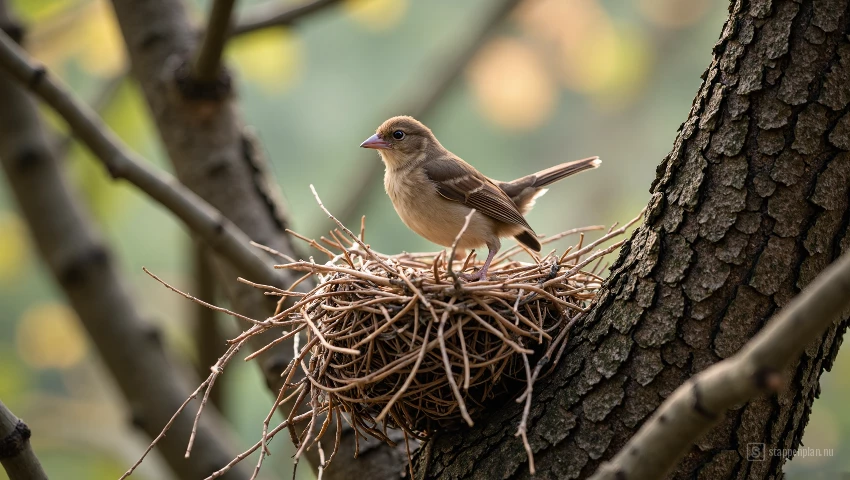 Vogel die een nest bouwt in een boom.
