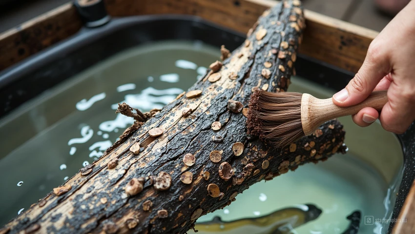 Hout geschuurd in container met water