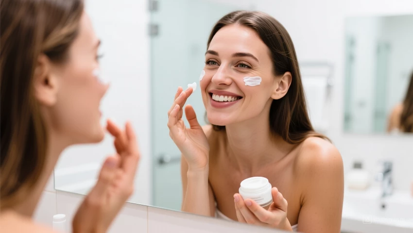 Vrouw glimlacht na het aanbrengen van moisturizer.