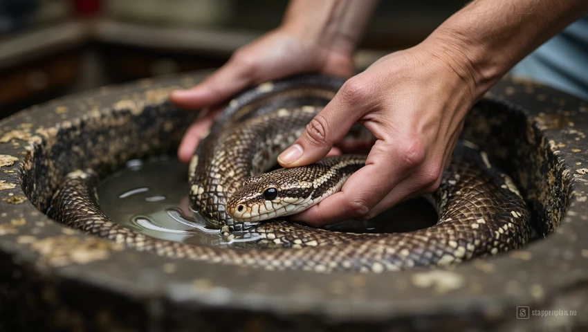 Persoon die een slang zachtjes in een ondiepe bak met lauw water houdt.