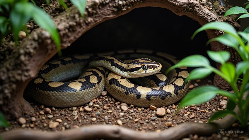 Slang opgerold in een schuilplaats in een terrarium.