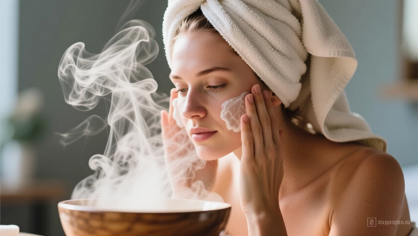 Vrouw stoomt haar gezicht