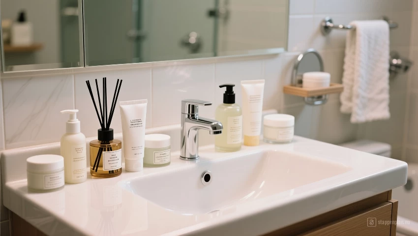 Georganiseerde badkamer met geurvrije huidverzorging