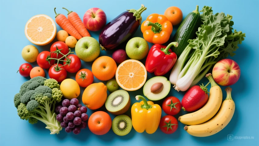 Platte lay van kleurrijk fruit en groenten.