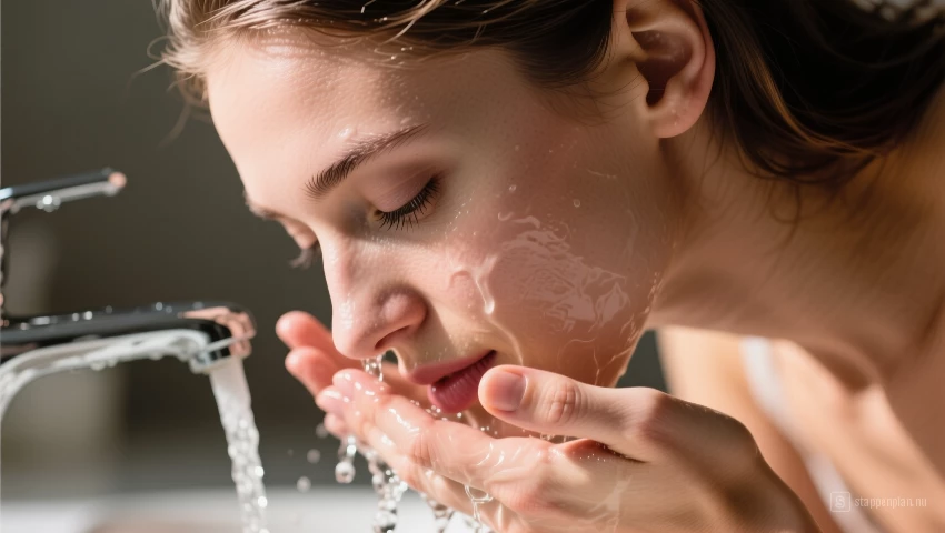 Vrouw spoelt haar gezicht met water.