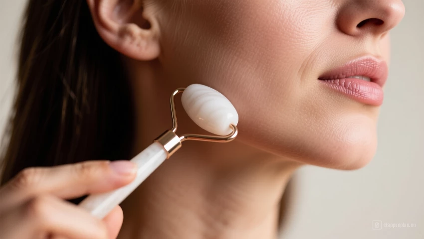 Vrouw gebruikt een face roller op haar kaaklijn
