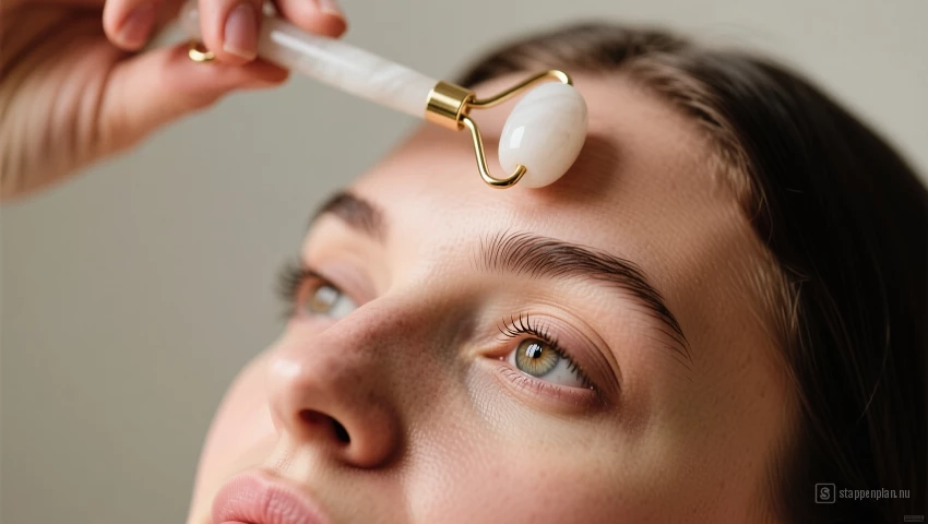 Vrouw rolt een face roller over haar voorhoofd