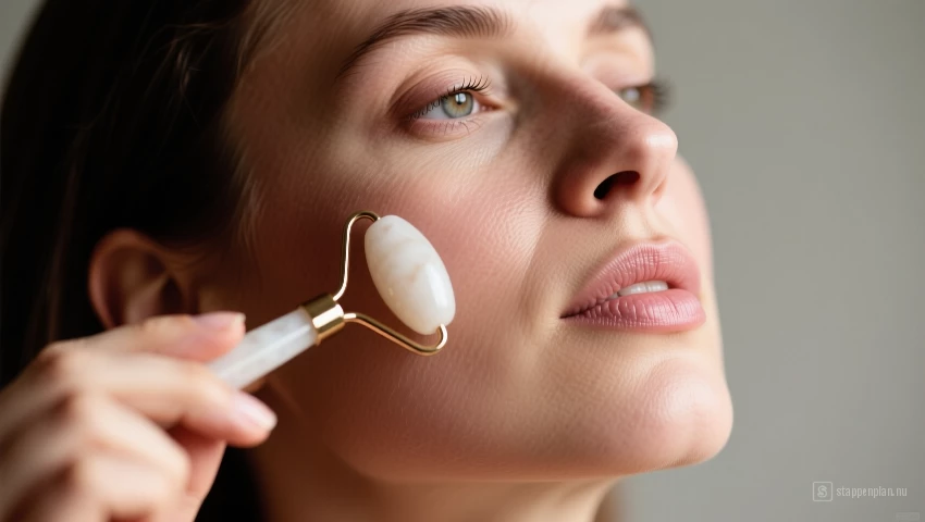 Vrouw rolt een face roller over haar wangen