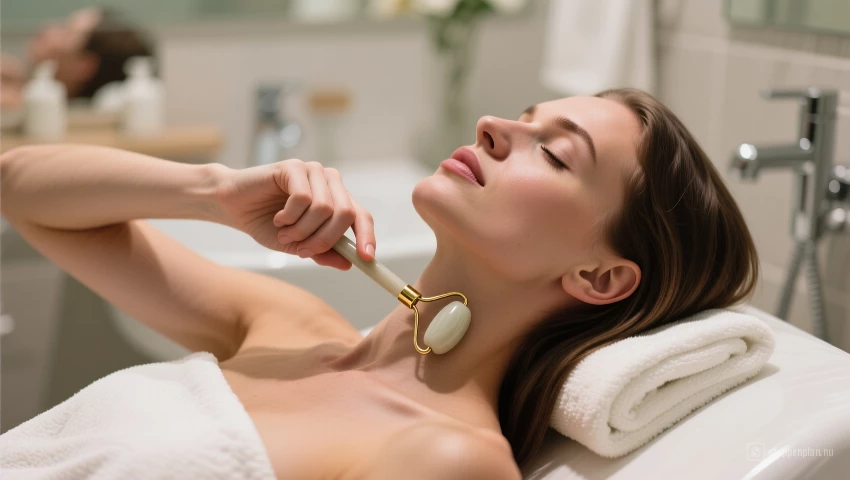 Vrouw ontspant met een face roller op haar hals