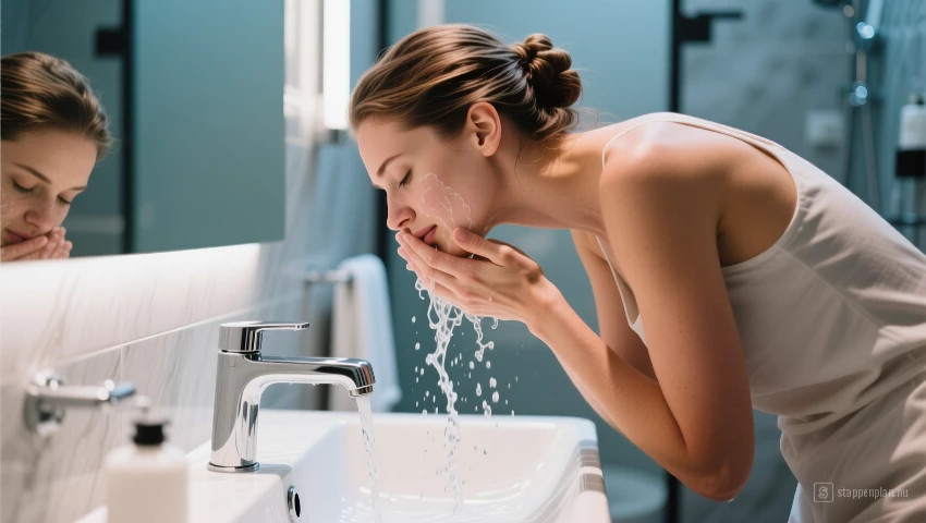 Vrouw wast haar gezicht met lauw water.