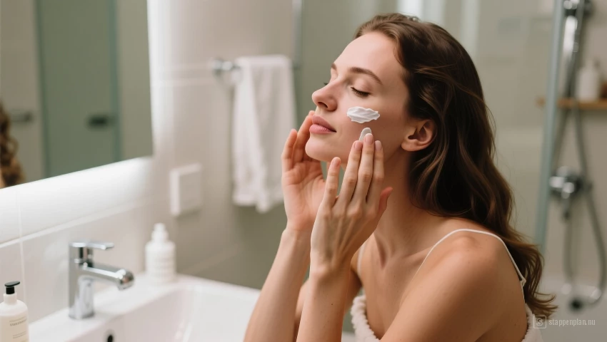 Vrouw ontspant met het aanbrengen van hydraterende crème