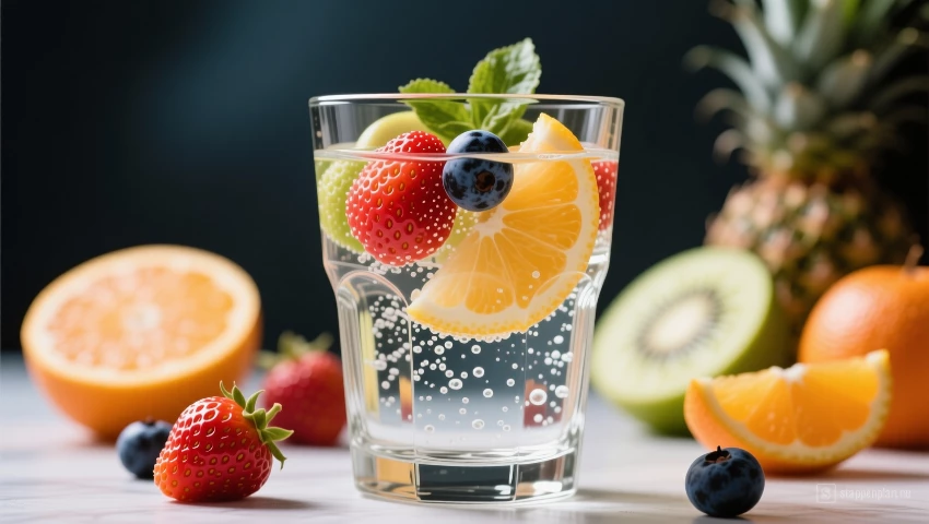 Close-up van een glas water met vers fruit.