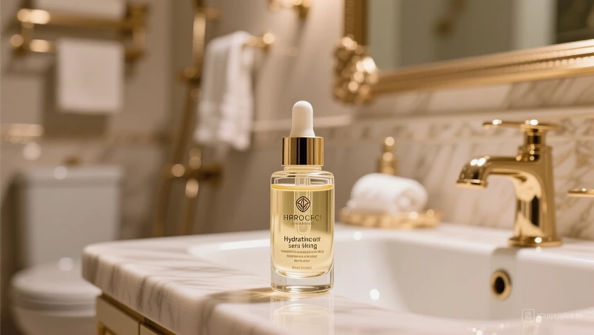Luxe badkamer met focus op hydraterende serums en stralende huid.