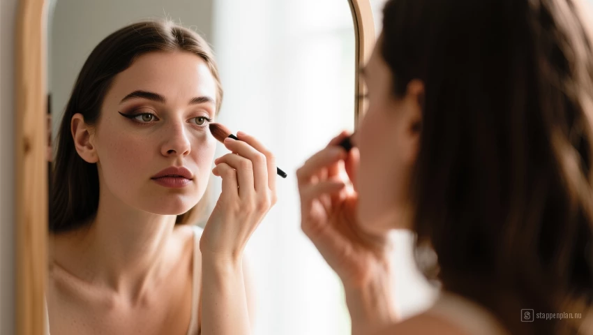 Vrouw inspecteert make-up