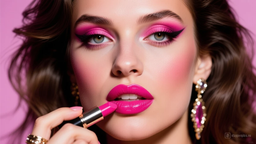 Vrouw brengt felroze lippenstift aan.