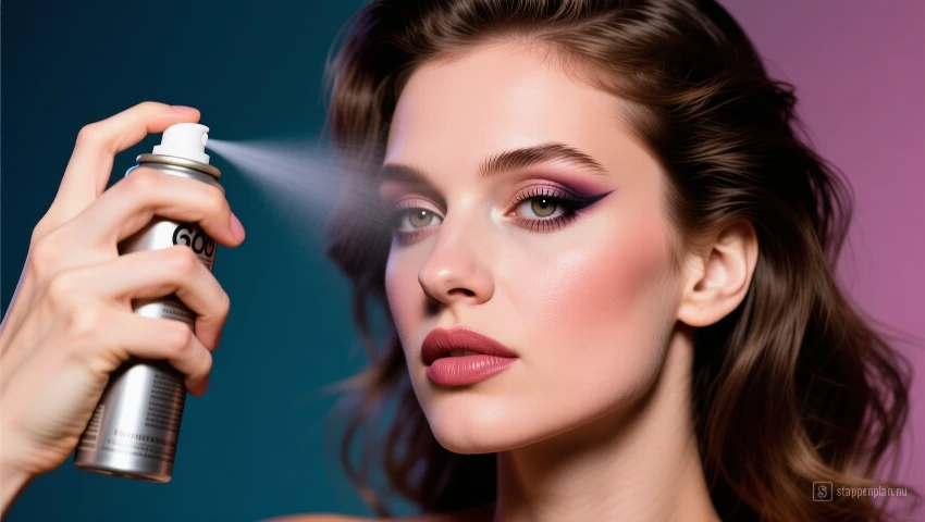 Vrouw sprayt setting spray op haar gezicht.