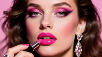 Vrouw brengt felroze lippenstift aan.