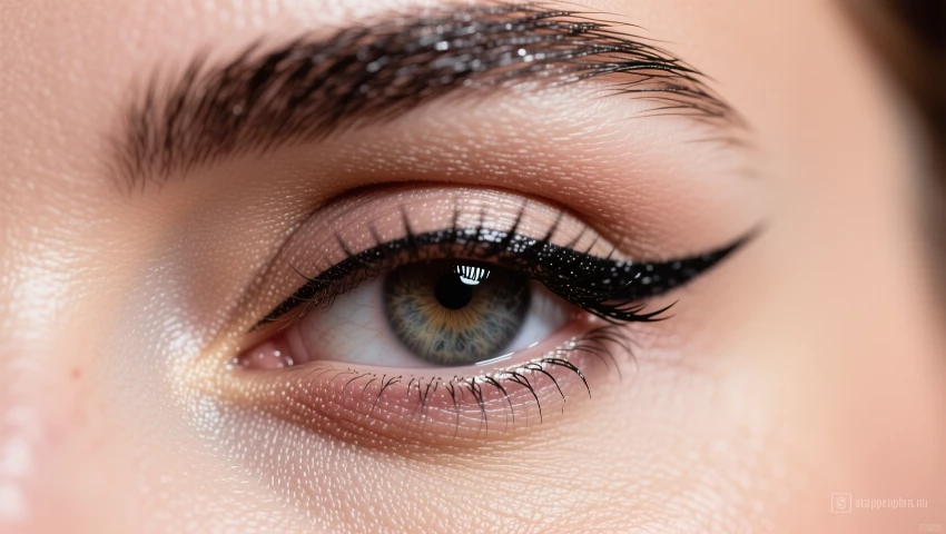 Dichtbij shot van een oog met winged eyeliner en een naadloze verbinding.