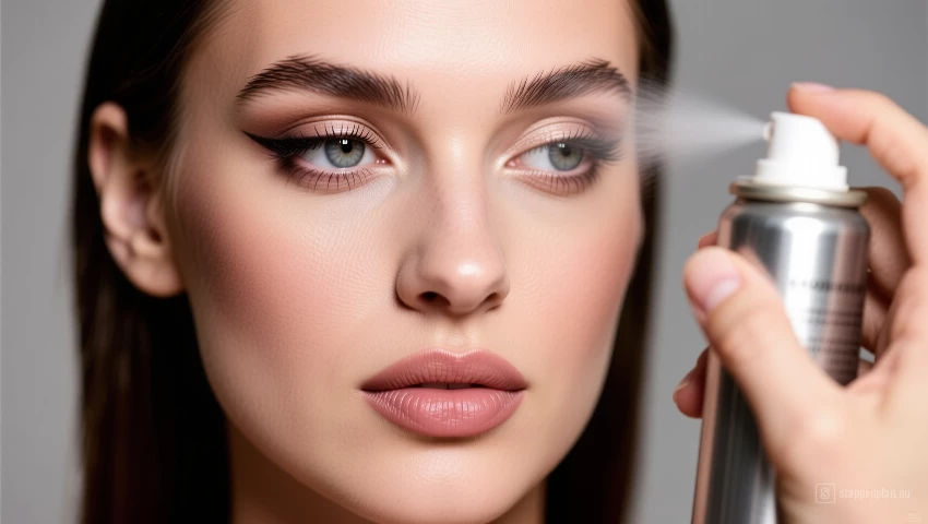 Close-up van een vrouw met een onberispelijke make-up look na aanbrenging van de setting spray.