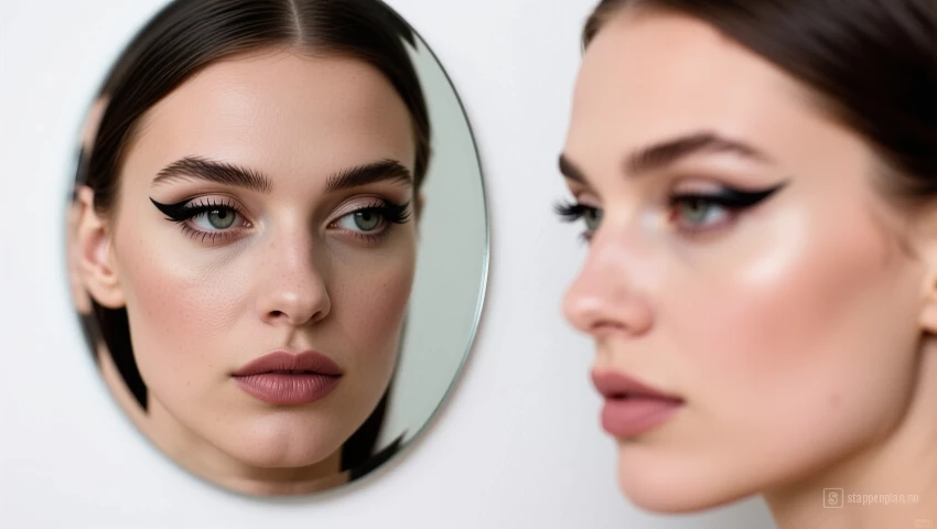 Spiegel en een vrouw met symmetrische winged eyeliner.