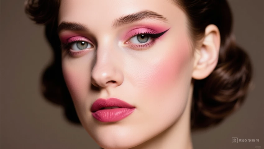 Gezicht met een vlekkeloze basis, felroze blush en subtiele foundation.