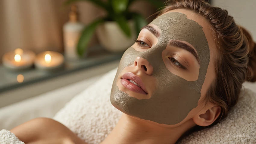 Spa scene met kleimasker