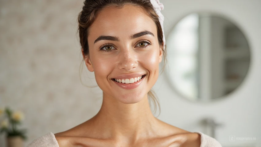 Vrouw glimlacht na het aanbrengen van primer.