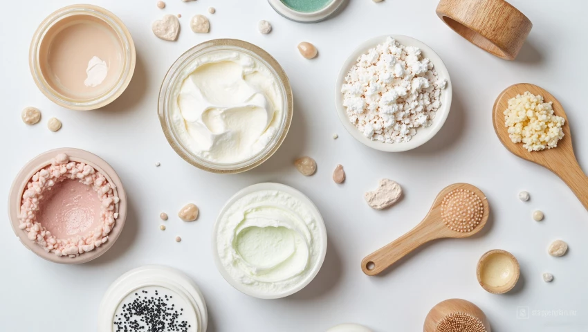 Diverse exfoliatoren in een platte lay-out.