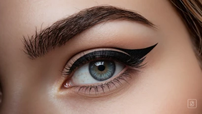 Macro shot van een zwarte eyeliner lijn langs de bovenste wimperrand.