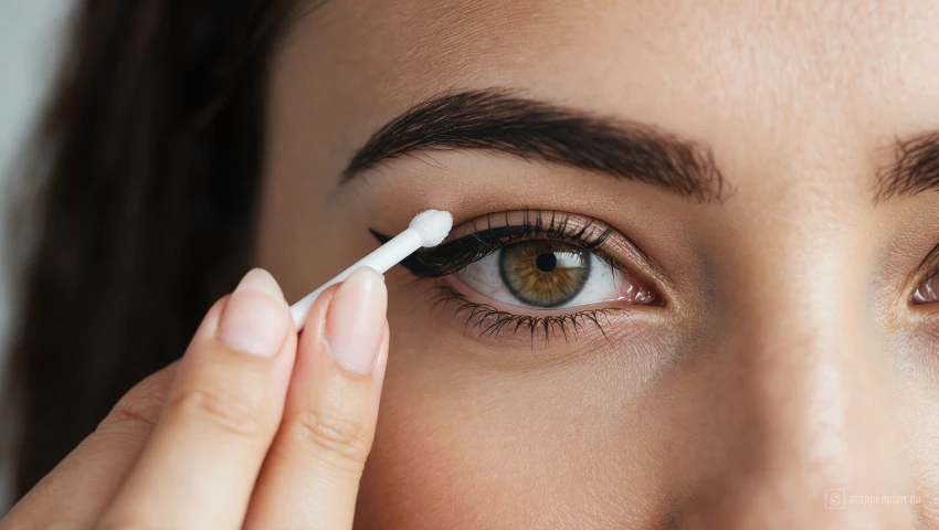 Vrouw gebruikt een wattenstaafje om een fout in haar winged eyeliner te corrigeren.
