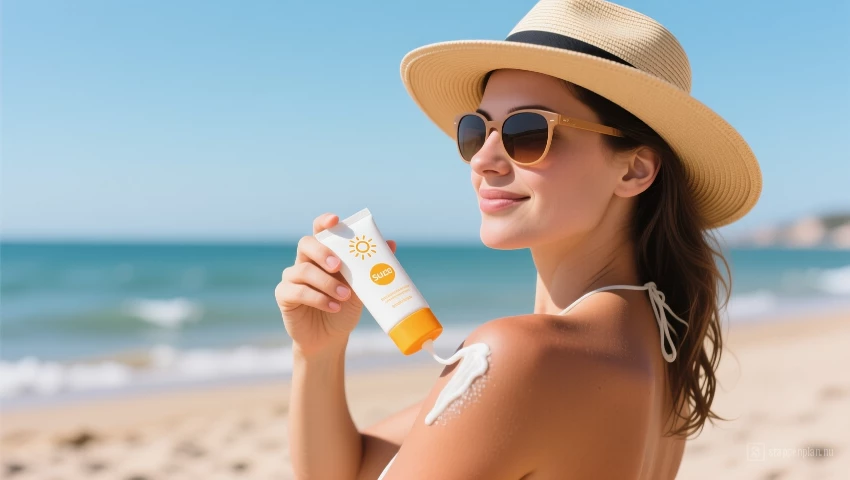 Strandscène met iemand die zonnebrandcrème aanbrengt.