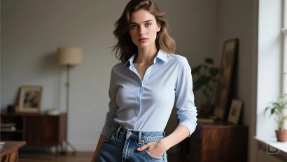 Vrouw in een getailleerd shirt en hoge jeans.