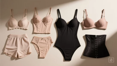 Verschillende soorten shapewear op een platte achtergrond.