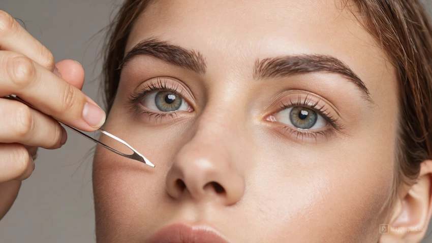 Close-up van een vrouw met een pincet die harren verwijdert, en de nadruk legt op geduld.